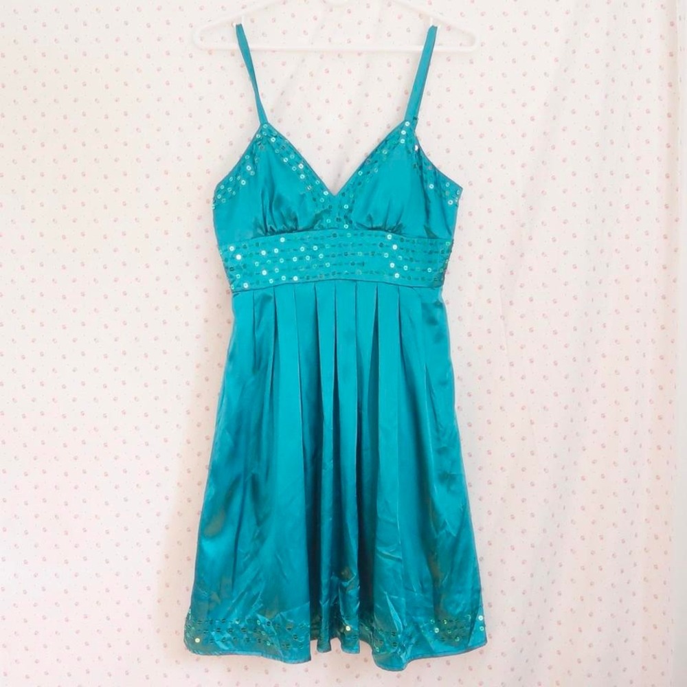 turquoise sequin satin party dress teal mini dress medium vintage forever 21